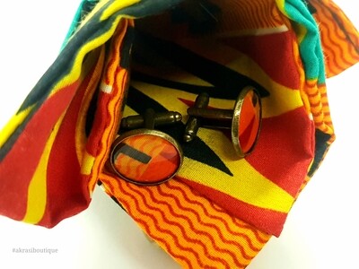 Kente pocket square with bronze cufflinks | African wax print men's accessories | Ankara pocket square | African cufflinks