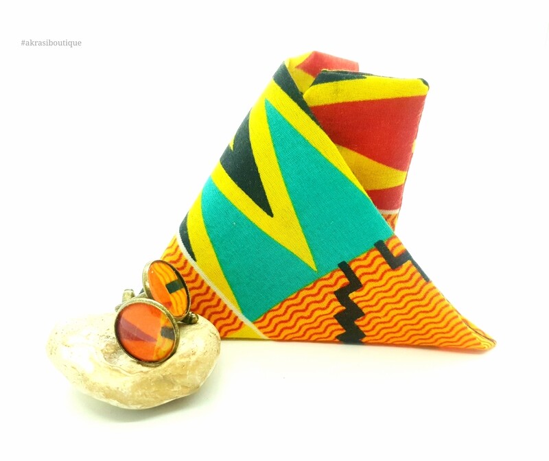 Kente pocket square with bronze cufflinks | African wax print men's accessories | Ankara pocket square | African cufflinks