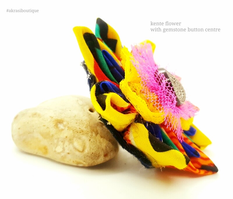 Kente print flower with lace &amp; gemstone vintage button centre | flower pin | flower hair clip | flower brooch | clothing accessories