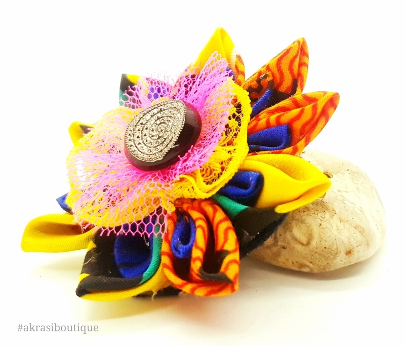 Kente print flower with lace &amp; gemstone vintage button centre | flower pin | flower hair clip | flower brooch | clothing accessories