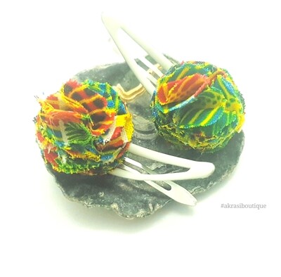 African wax green kente print ruffle flower snap clips | Ankara hair clip | hair accessories