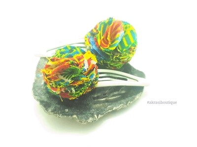 African wax green kente print ruffle flower snap clips | Ankara hair clip | hair accessories