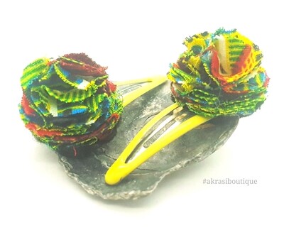 African wax green kente print ruffle flower snap clips | Ankara hair clip | hair accessories