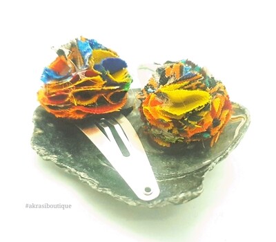 African wax dashiki print ruffle flower on silver snap clips | Ankara hair clip | hair accessories | transition hair
