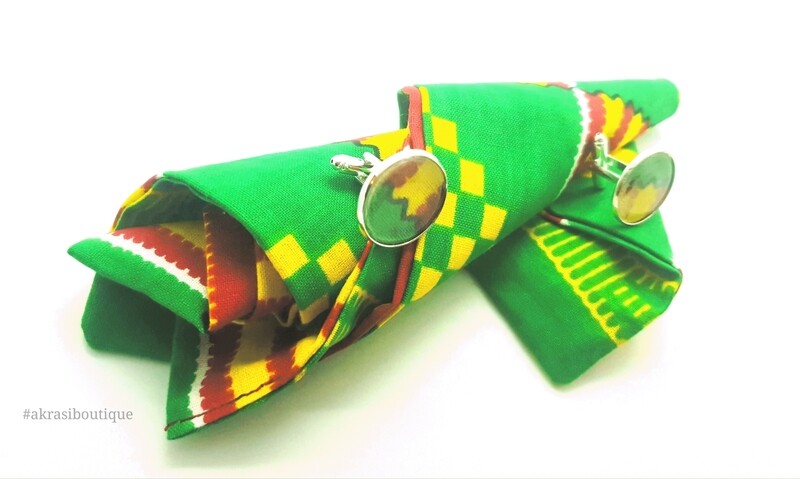 Green and yellow Kente African wax print pocket square with cufflinks | men's accessories | Ankara pocket square | African cufflinks