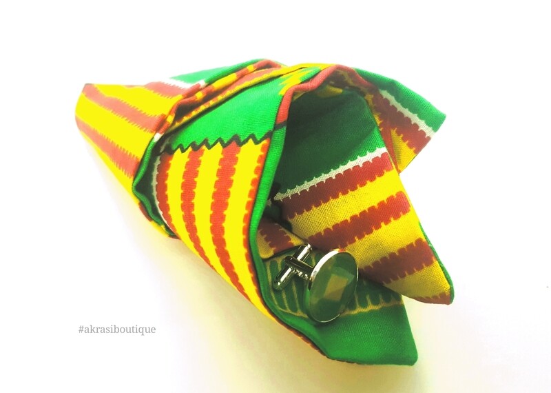 Green and yellow Kente African wax print pocket square with cufflinks | men&#39;s accessories | Ankara pocket square | African cufflinks