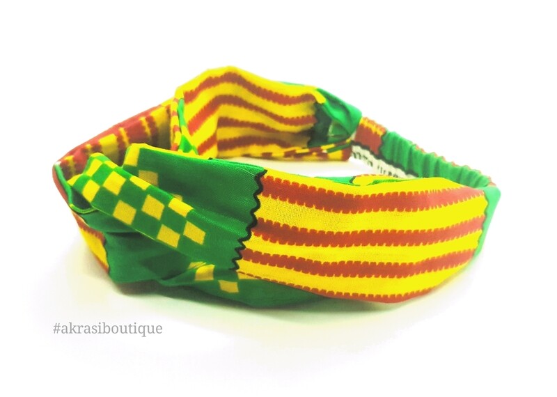 Green and yellow kente print half turban headband | African wax print headwrap | African twisted headband