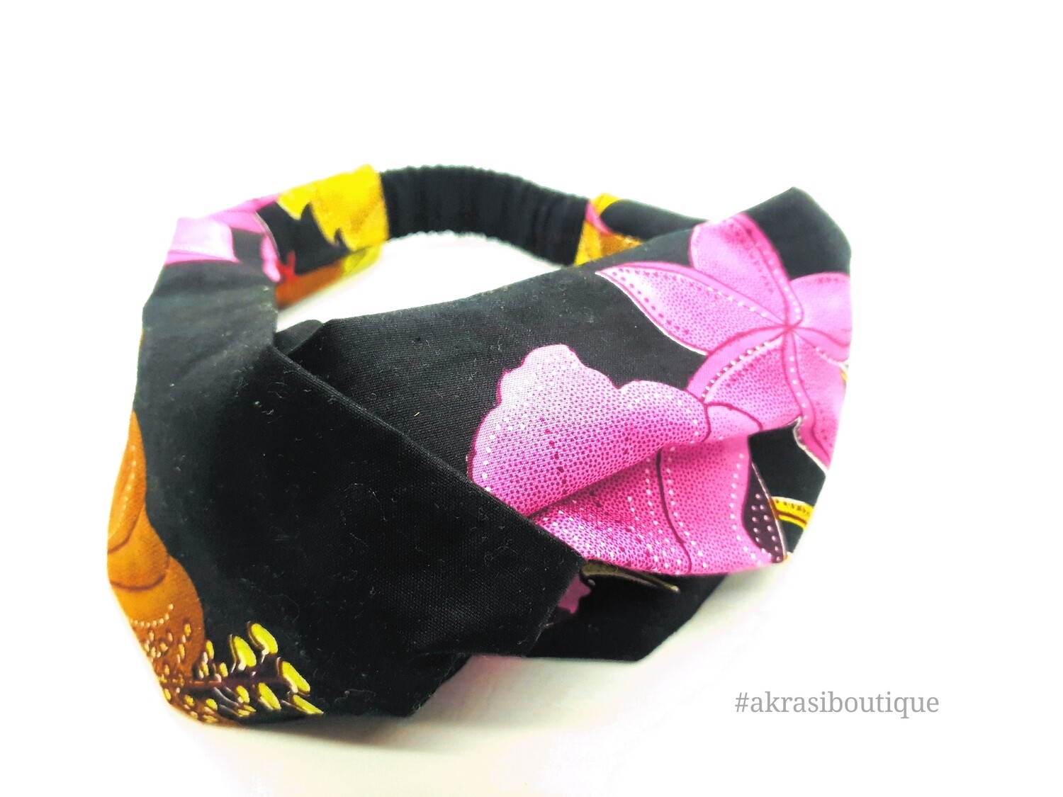 Black Ankara floral print half turban headband | African wax print headwrap | African twisted headband