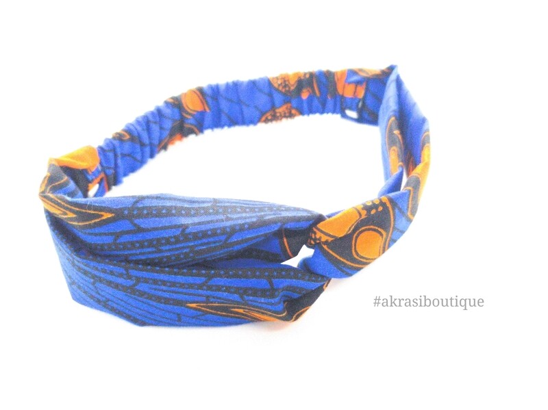 Blue and orange print half turban headband | African wax print headwrap | African twisted headband