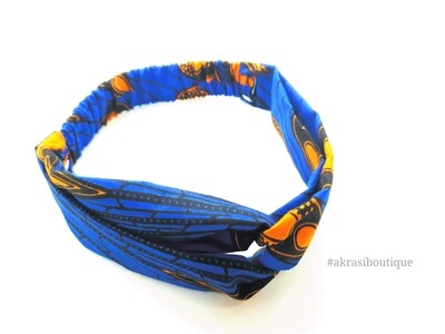 Blue and orange print half turban headband | African wax print headwrap | African twisted headband