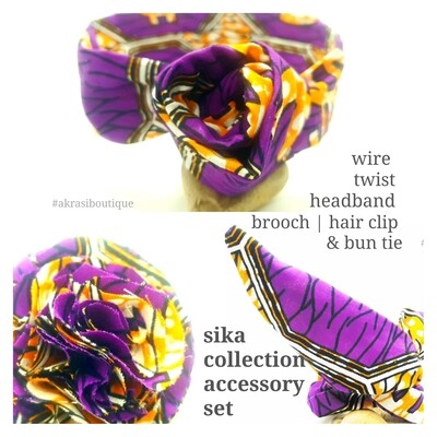 Sika collection accessory set includes purple ankara wire twist hair tie, bun tie and flower brooch | hair clip