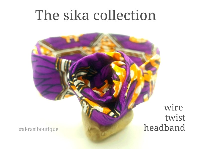 Sika collection accessory set includes purple ankara wire twist hair tie, bun tie and flower brooch | hair clip