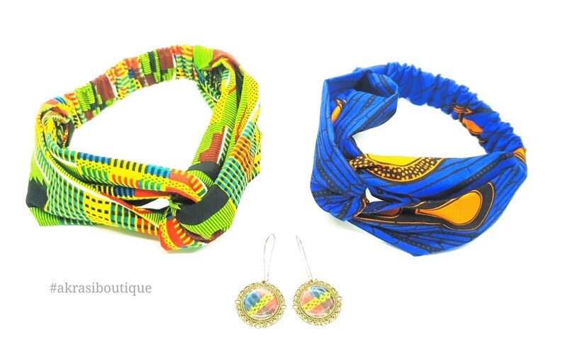 1 x green kente and 1 x ankrara blue and orange turban headband