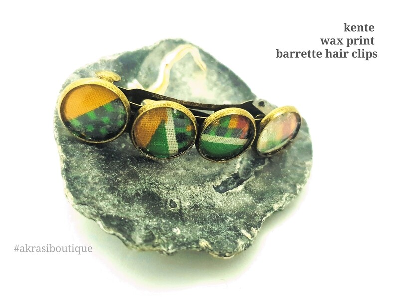 Kente green and yellow barrette hair clip in bronze