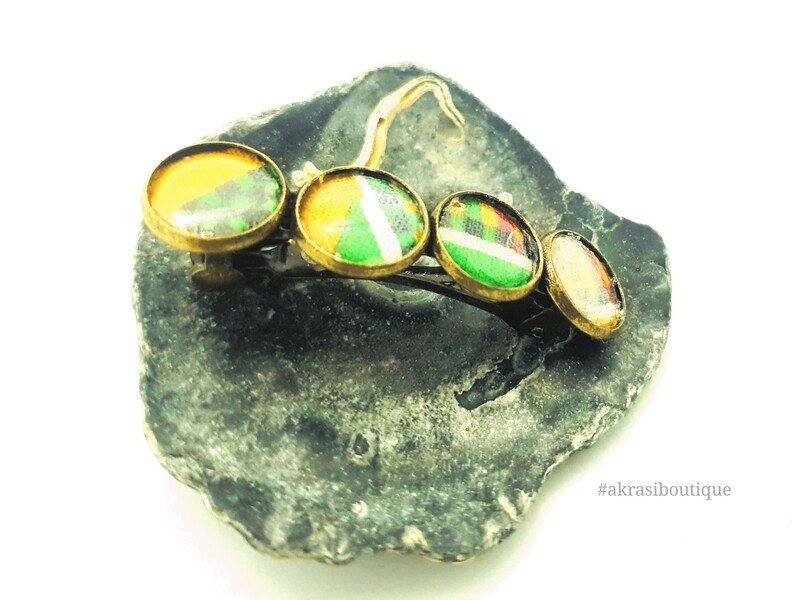 Kente green and yellow barrette hair clip in bronze