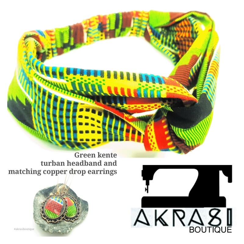 Kente collection accessory set includes green kente wire turban headband and matching copper drop earrings