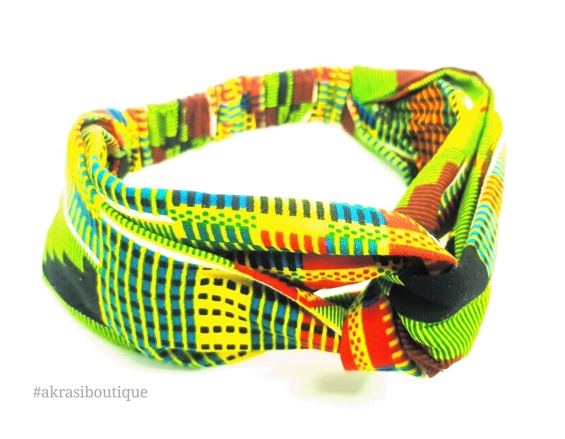 Kente collection accessory set includes green kente wire turban headband and matching copper drop earrings