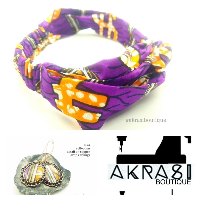 Sika collection accessory set includes purple ankara wire half turban headband and matching copper drop earrings