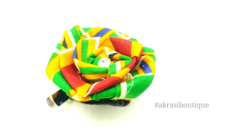 Fabric rose with gemstone in African kente print flower pin | flower hair clip | flower brooch | clothing accessories