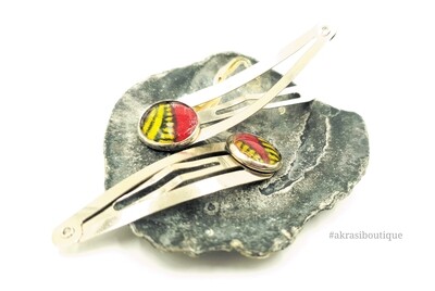 African wax print detail snap clip in dark silver | purple and yellow hair clip | hair accessories