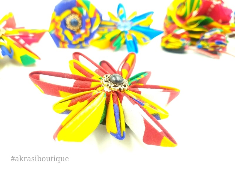 Red, white and yellow kente star flower with vintage button centre | kanzashi pin | flower hair clip | clothing accessories