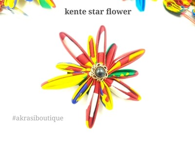 Red, white and yellow kente star flower with vintage button centre | kanzashi pin | flower hair clip | clothing accessories
