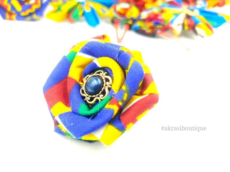 African print fabric rose flower with bronze edged dashiki centre | flower pin | flower hair clip | flower brooch | clothing accessories