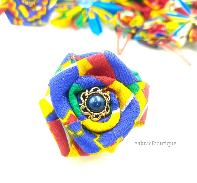African print fabric rose flower with bronze edged dashiki centre | flower pin | flower hair clip | flower brooch | clothing accessories