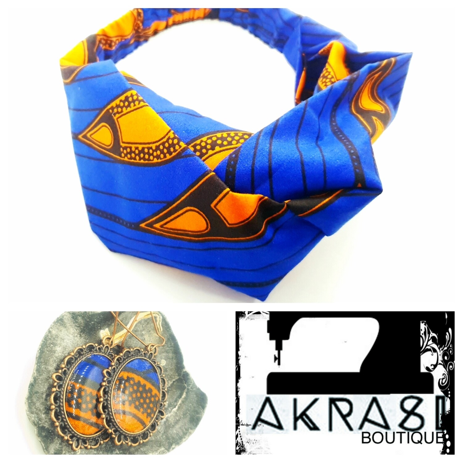 Blue and orange ankara collection accessory set includes turban headband and matching copper drop earrings