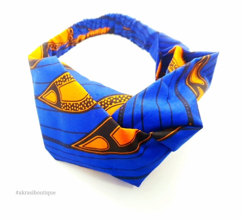 Blue and orange ankara collection accessory set includes turban headband and matching copper drop earrings