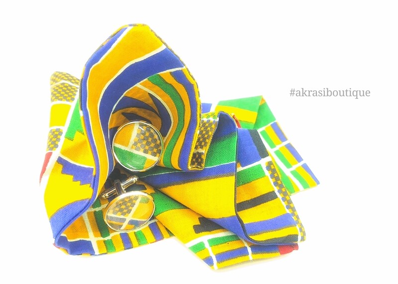 Yellow Kente African wax print pocket square with cufflinks | men&#39;s accessories | Ankara pocket square | African cufflinks