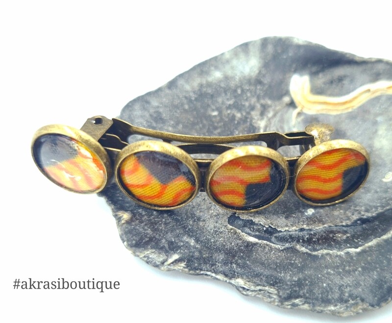 Kente yellow and black barrette hair clip in bronze