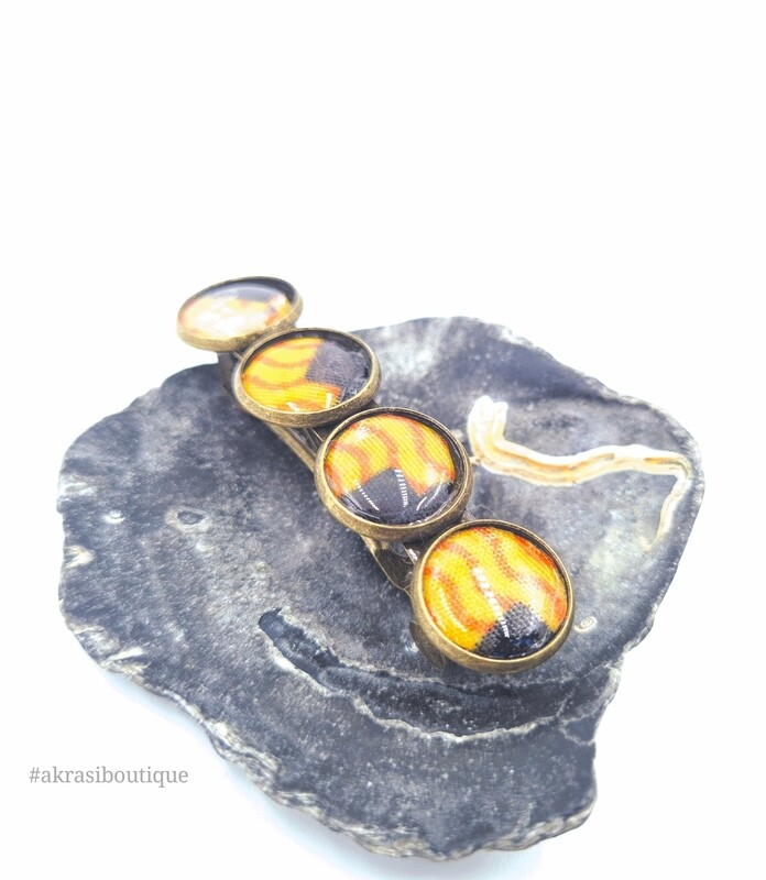 Kente yellow and black barrette hair clip in bronze