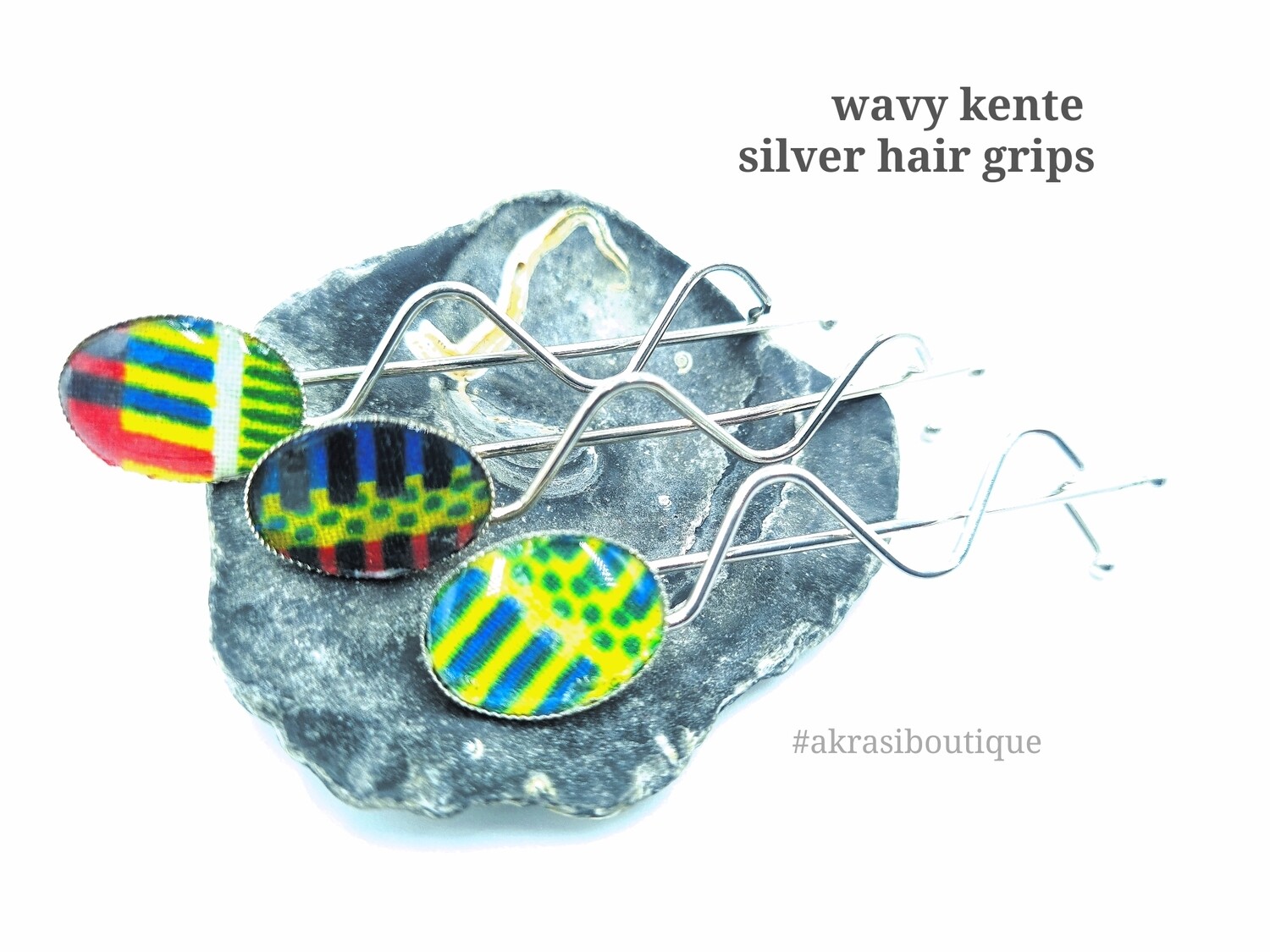 African wax kente detail wavy silver hair grip | hair slide | hair accessories