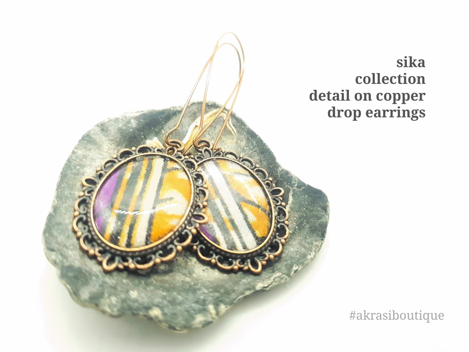 Oval Ankara copper drop earrings sealed in resin