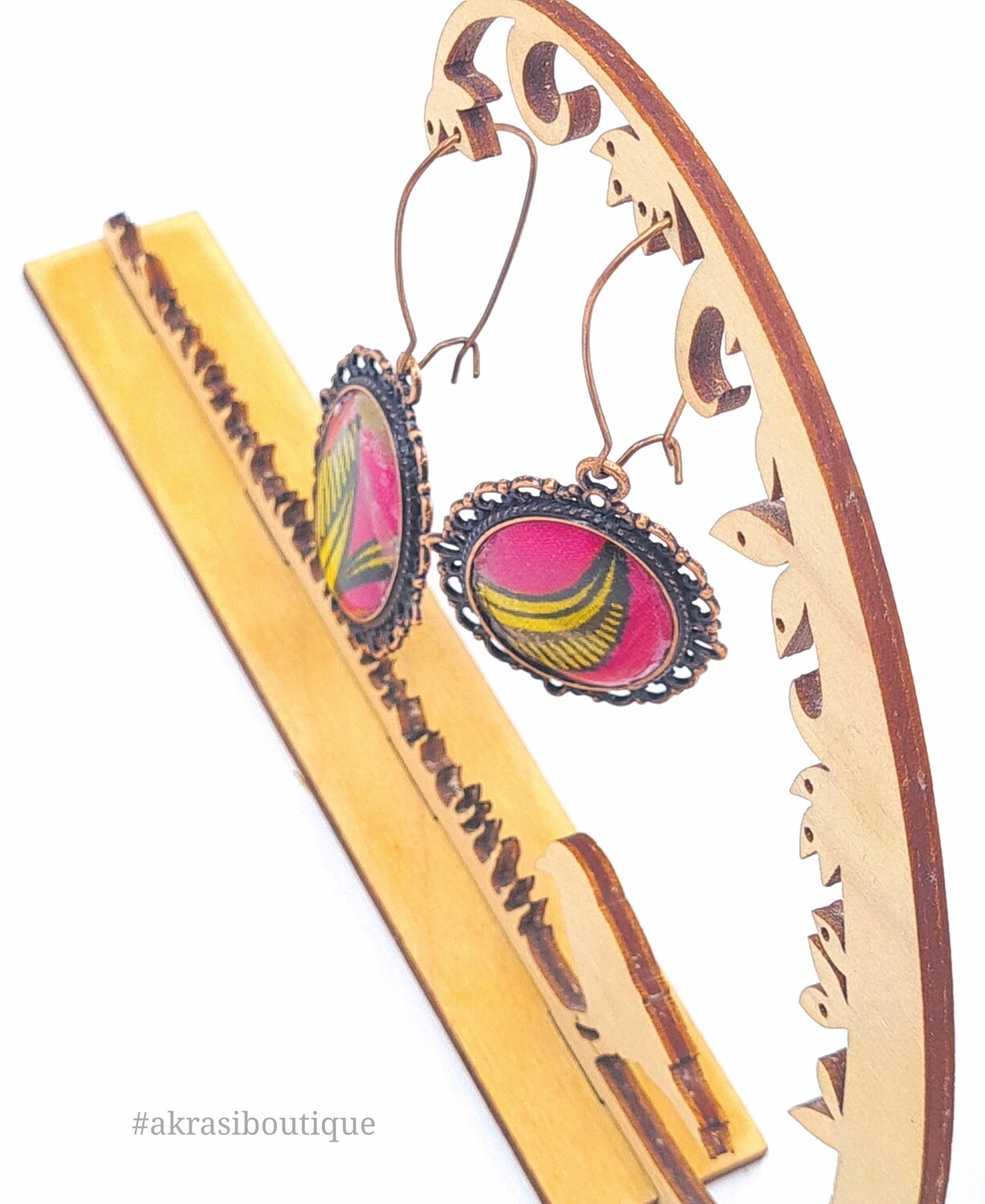 Oval Ankara pink and yellow copper drop earrings sealed in resin