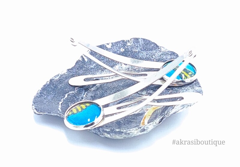 African wax print detail snap clip in silver | blue and yellow hair clip | hair accessories