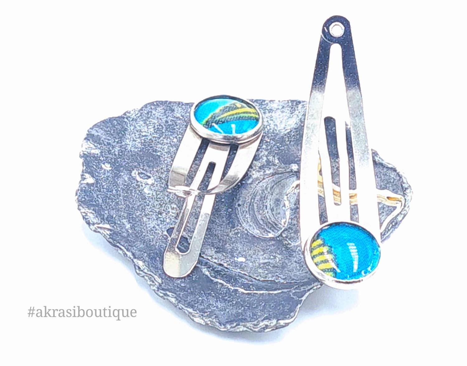 African wax print detail snap clip in silver | blue and yellow hair clip | hair accessories