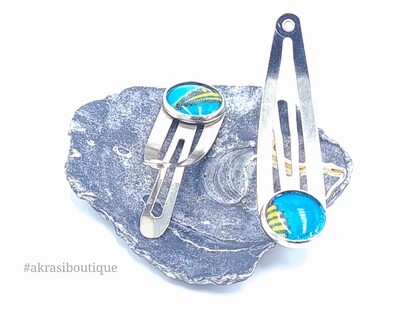 African wax print detail snap clip in silver | blue and yellow hair clip | hair accessories