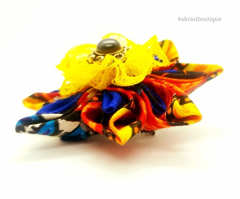 Dashiki print flower with lace &amp; vintage button centre | flower pin | flower hair clip | flower brooch | clothing accessories