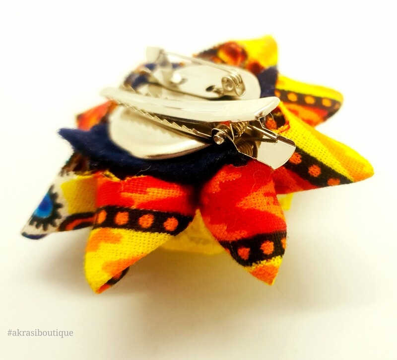 Dashiki print flower with lace &amp; vintage button centre | flower pin | flower hair clip | flower brooch | clothing accessories