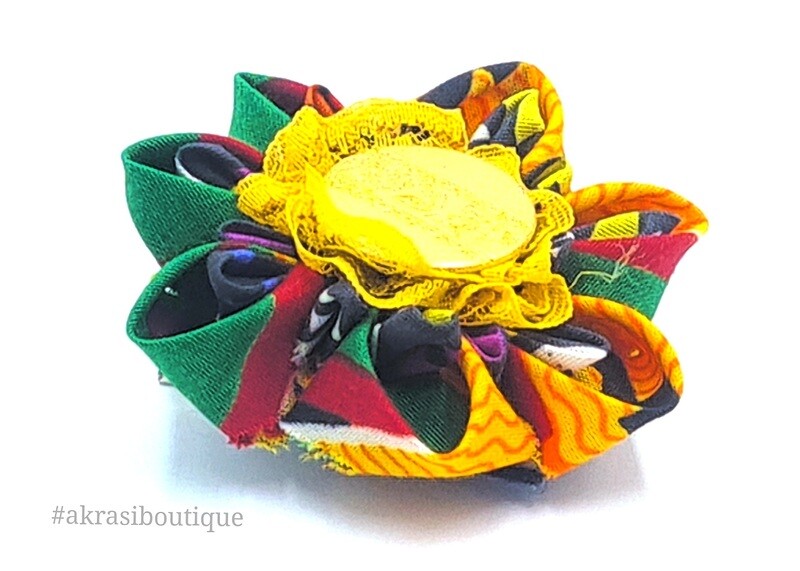 Dashiki print flower with lace &amp; vintage button centre | flower pin | flower hair clip | flower brooch | clothing accessories