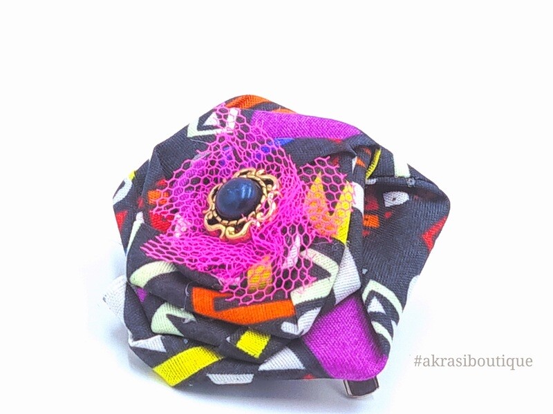 Funky kente rose with gemstone flower pin | flower hair clip | flower brooch | clothing accessories