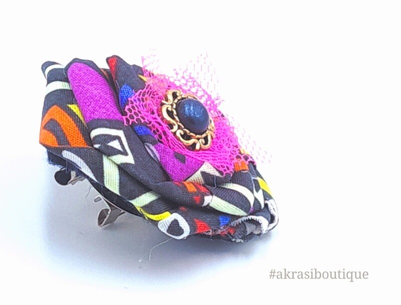 Funky kente rose with gemstone flower pin | flower hair clip | flower brooch | clothing accessories