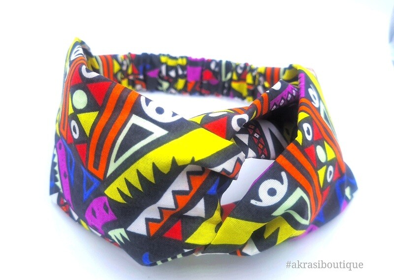 Black Kente print half turban headband | African wax print headwrap | African twisted headband