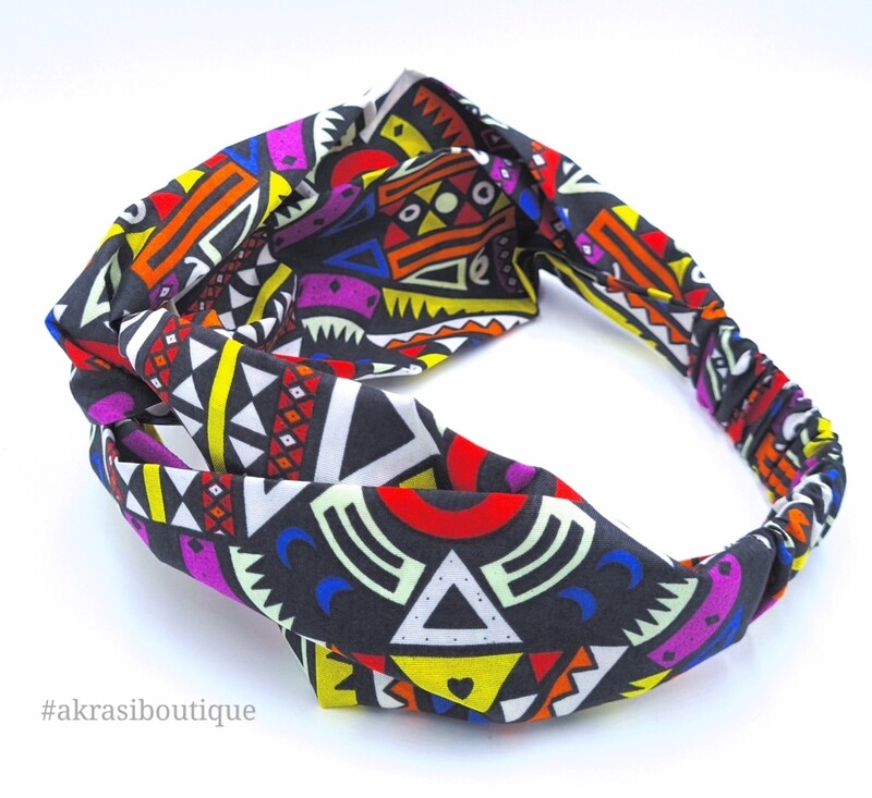 Black Kente print half turban headband | African wax print headwrap | African twisted headband