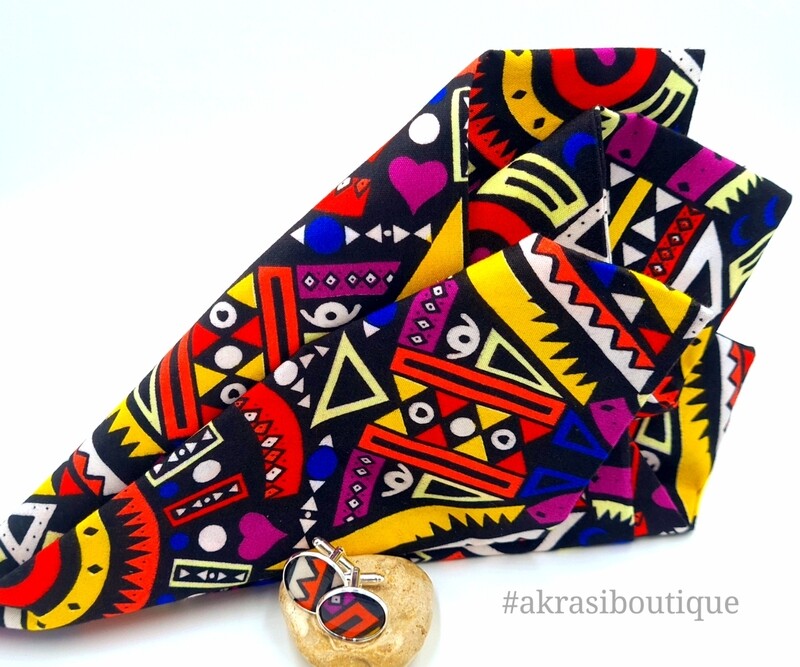 Custom handmade Kente pocket square and cufflink sets for Amarast