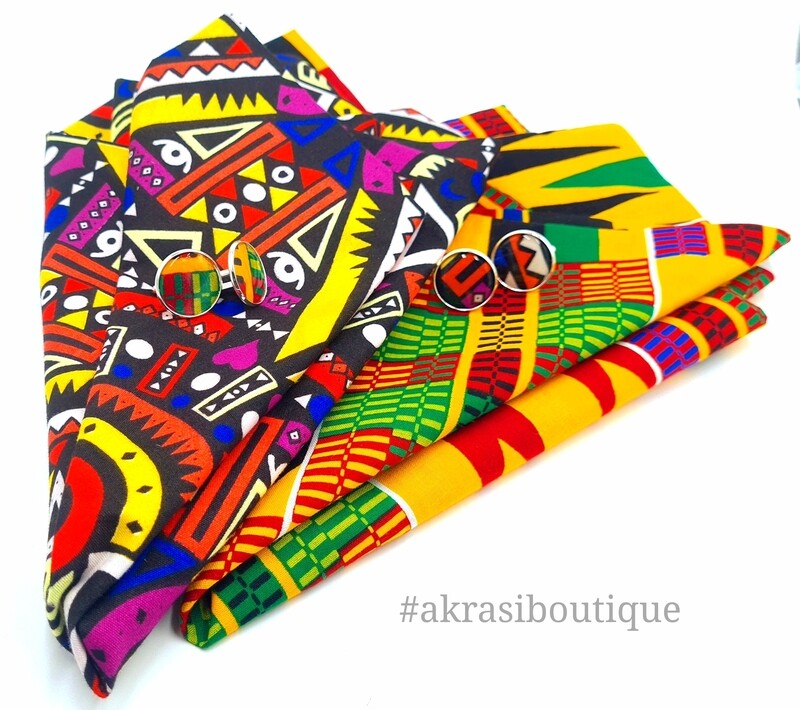 Custom handmade Kente pocket square and cufflink sets for Amarast