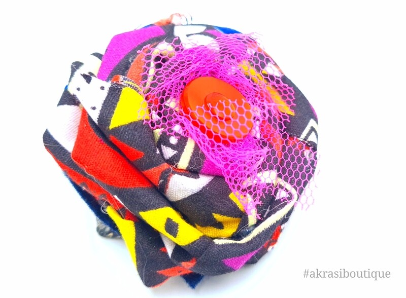 Funky kente rose with vintage button centre flower pin | flower hair clip | flower brooch | clothing accessories