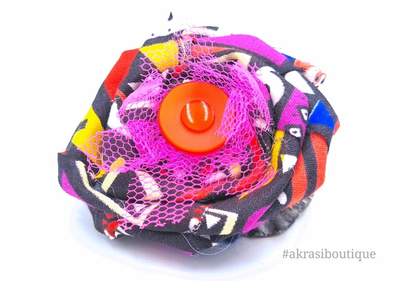 Funky kente rose with vintage button centre flower pin | flower hair clip | flower brooch | clothing accessories